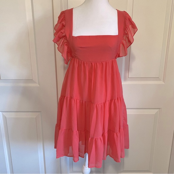 Coral chiffon ruffle tiered apron tie open back mini dress small - Picture 1 of 7